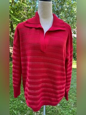 Vineyard Vines Red Women's Long Sleeve V Neck Collared Sweater Sz Large Pullover
